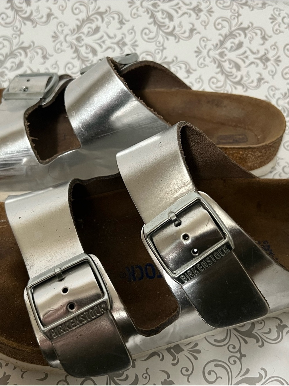 Birkenstock Metallic Silver Arizona Sandals 39
